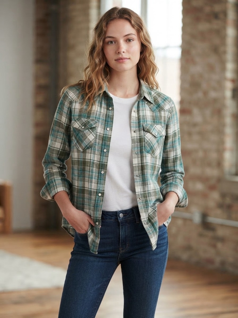 American Eagle Outfitters Teal and Green Plaid Flannel Shirt - Size L